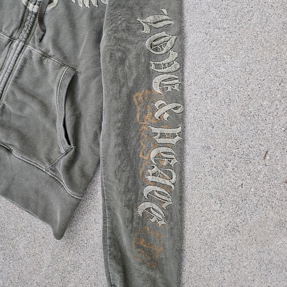 SUPER RARE Y2K GRUNGE LUCKY BRAND EMBROIDERED HOODIE MED PEACE & LOVE SAGE - Picture 4 of 9